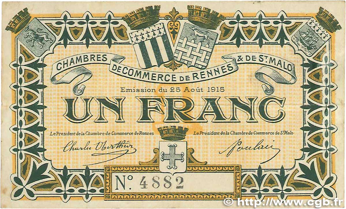1 Franc FRANCE regionalismo e varie Rennes et Saint-Malo 1915 JP.105.03 BB