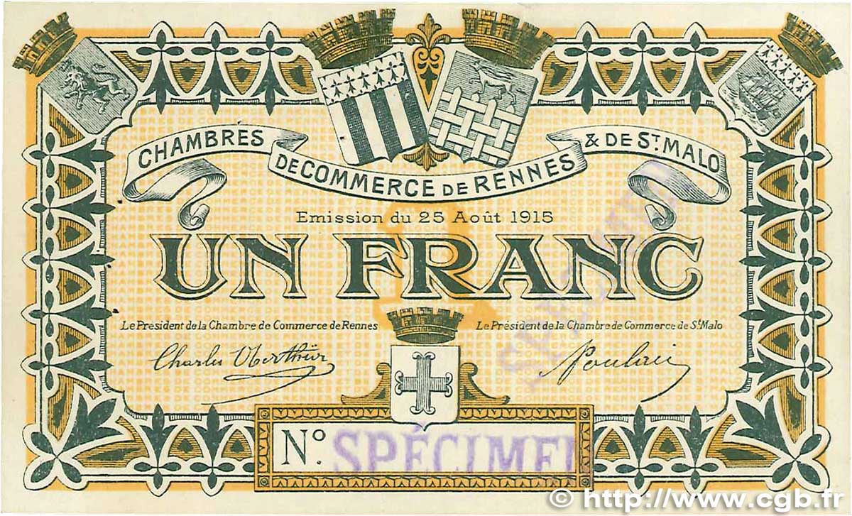 1 Franc Spécimen FRANCE regionalism and miscellaneous Rennes et Saint-Malo 1915 JP.105.05 VF+