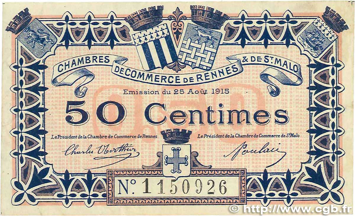 50 Centimes FRANCE Regionalismus und verschiedenen Rennes et Saint-Malo 1915 JP.105.06 S