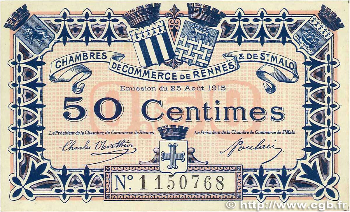 50 Centimes FRANCE Regionalismus und verschiedenen Rennes et Saint-Malo 1915 JP.105.06 fVZ