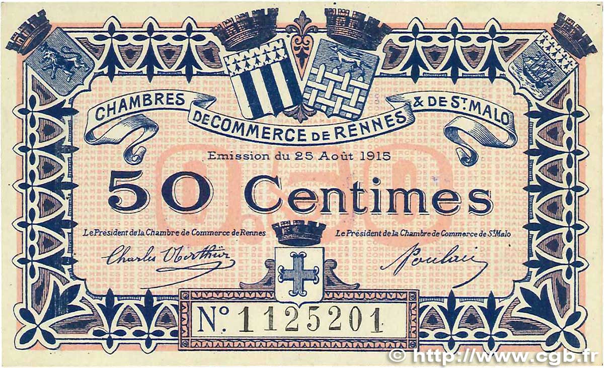 50 Centimes FRANCE regionalism and various Rennes et Saint-Malo 1915 JP.105.06 XF