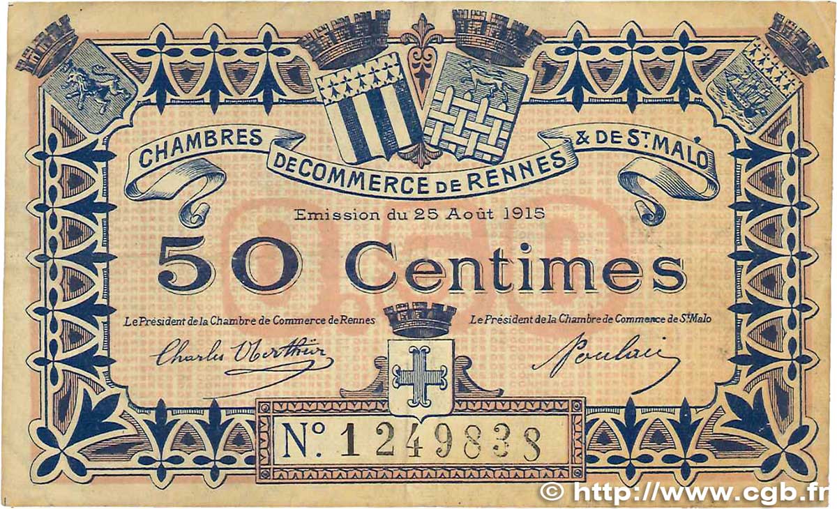 50 Centimes FRANCE regionalism and various Rennes et Saint-Malo 1915 JP.105.08 F