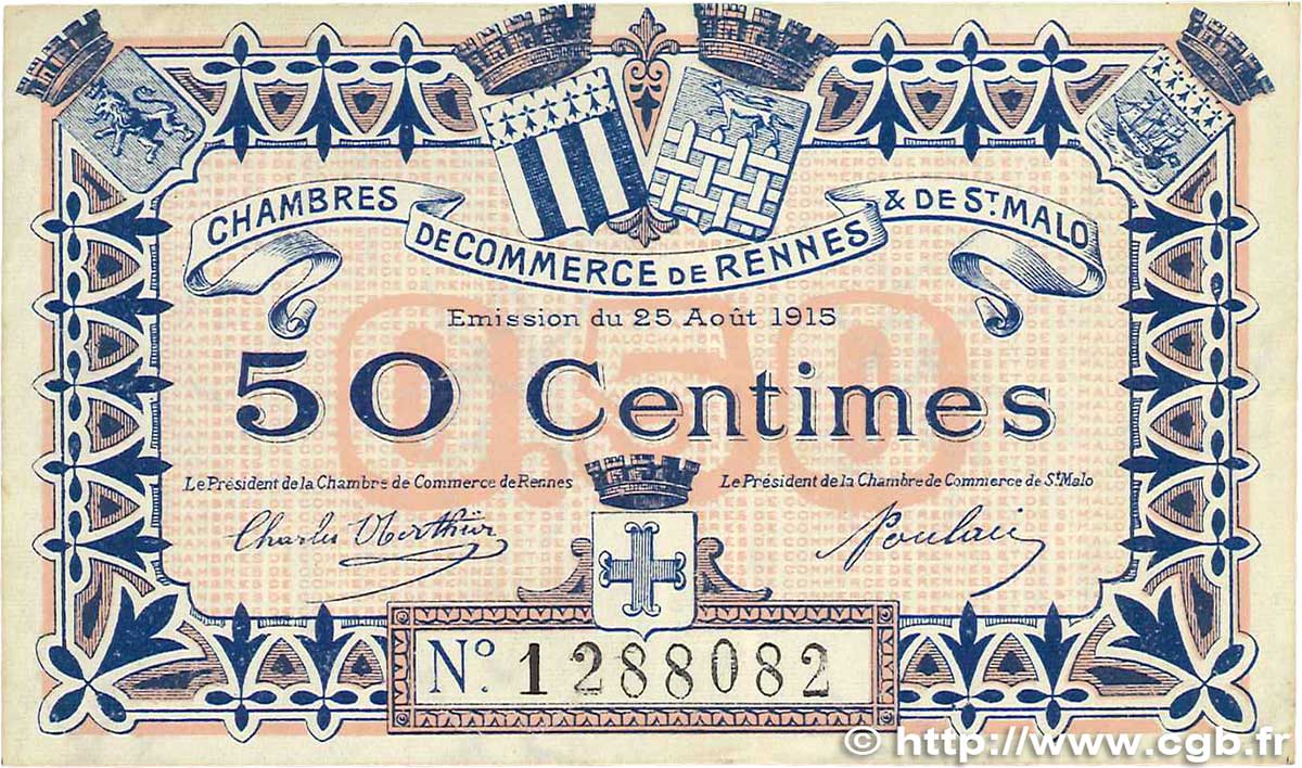 50 Centimes FRANCE regionalism and various Rennes et Saint-Malo 1915 JP.105.08 VF