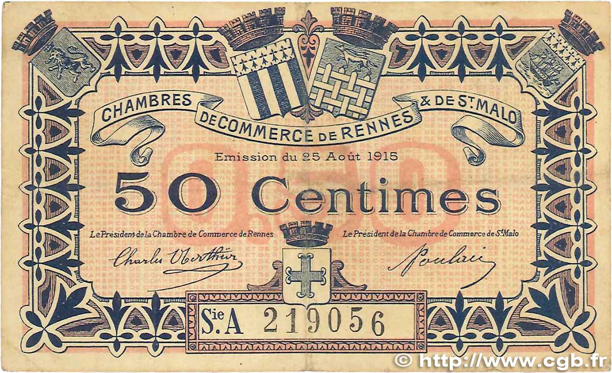 50 Centimes FRANCE regionalismo e varie Rennes et Saint-Malo 1915 JP.105.10 MB