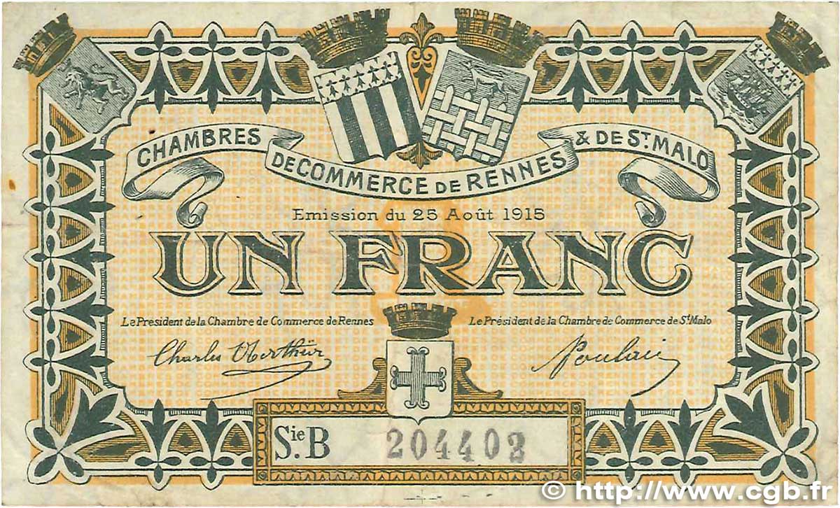 1 Franc FRANCE regionalismo y varios Rennes et Saint-Malo 1915 JP.105.15 BC