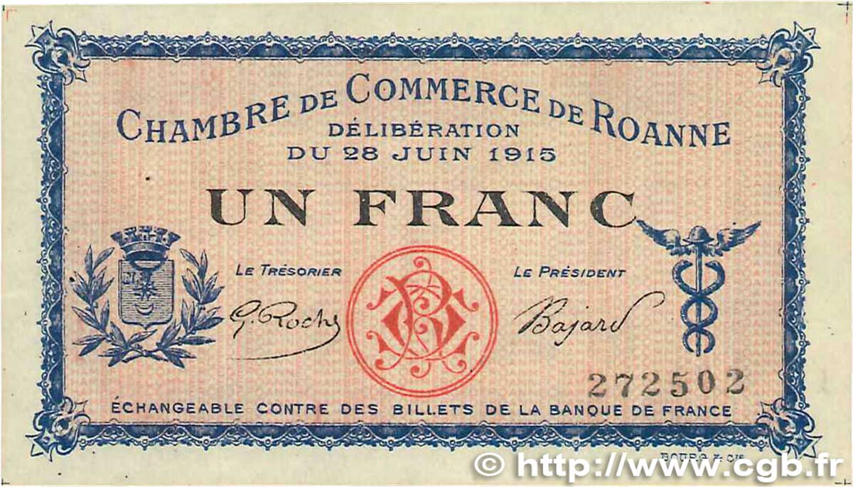 1 Franc FRANCE Regionalismus und verschiedenen Roanne 1915 JP.106.02 SS