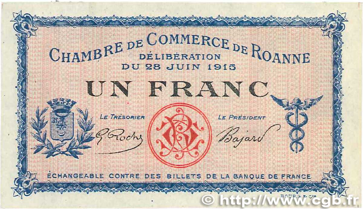 1 Franc Spécimen FRANCE régionalisme et divers Roanne 1915 JP.106.04 SPL