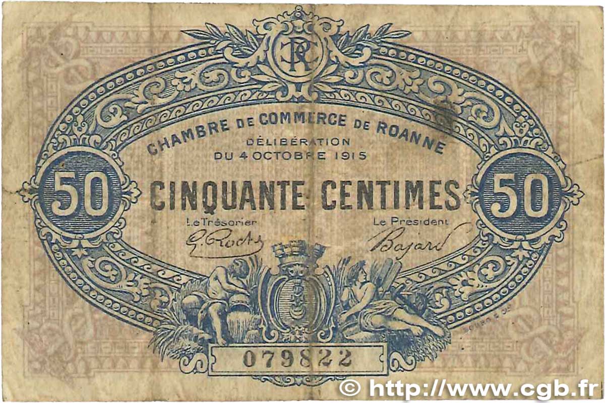 50 Centimes FRANCE Regionalismus und verschiedenen Roanne 1915 JP.106.05 SGE