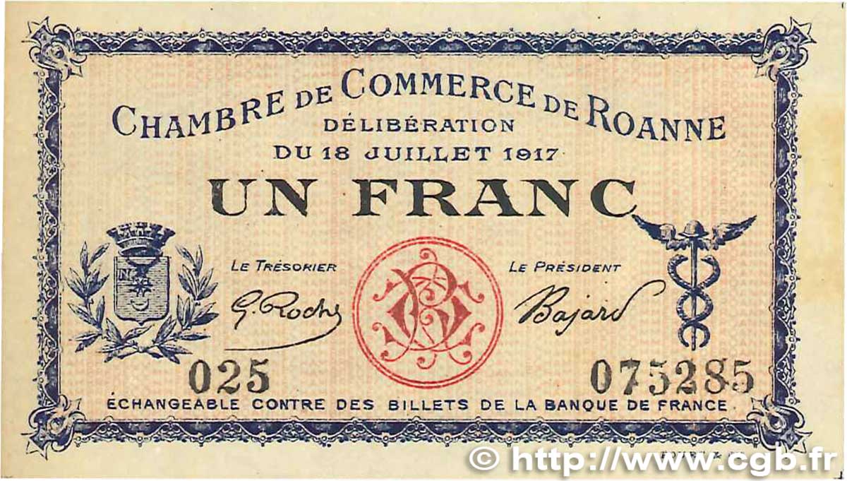 1 Franc FRANCE Regionalismus und verschiedenen Roanne 1917 JP.106.12 VZ