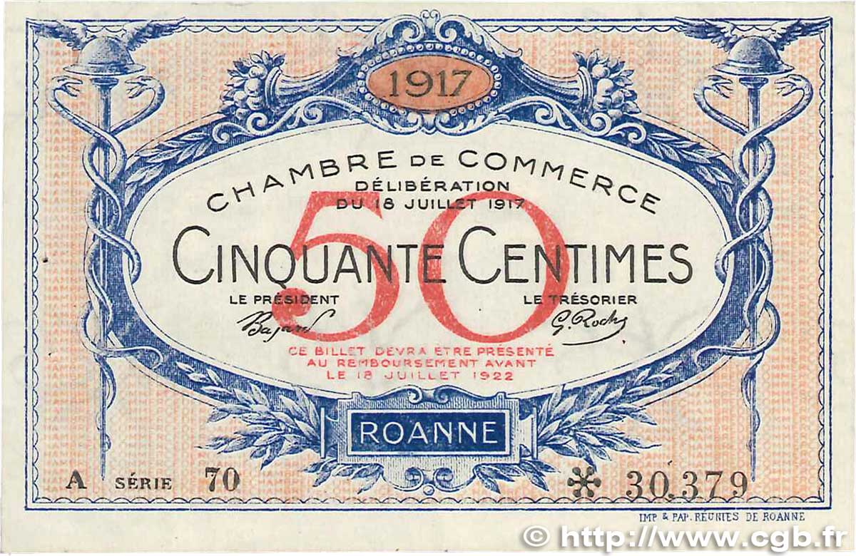 50 Centimes FRANCE regionalism and miscellaneous Roanne 1917 JP.106.15 VF+