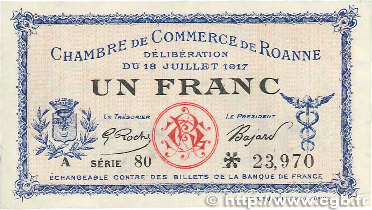 1 Franc FRANCE regionalismo y varios Roanne 1917 JP.106.17 MBC