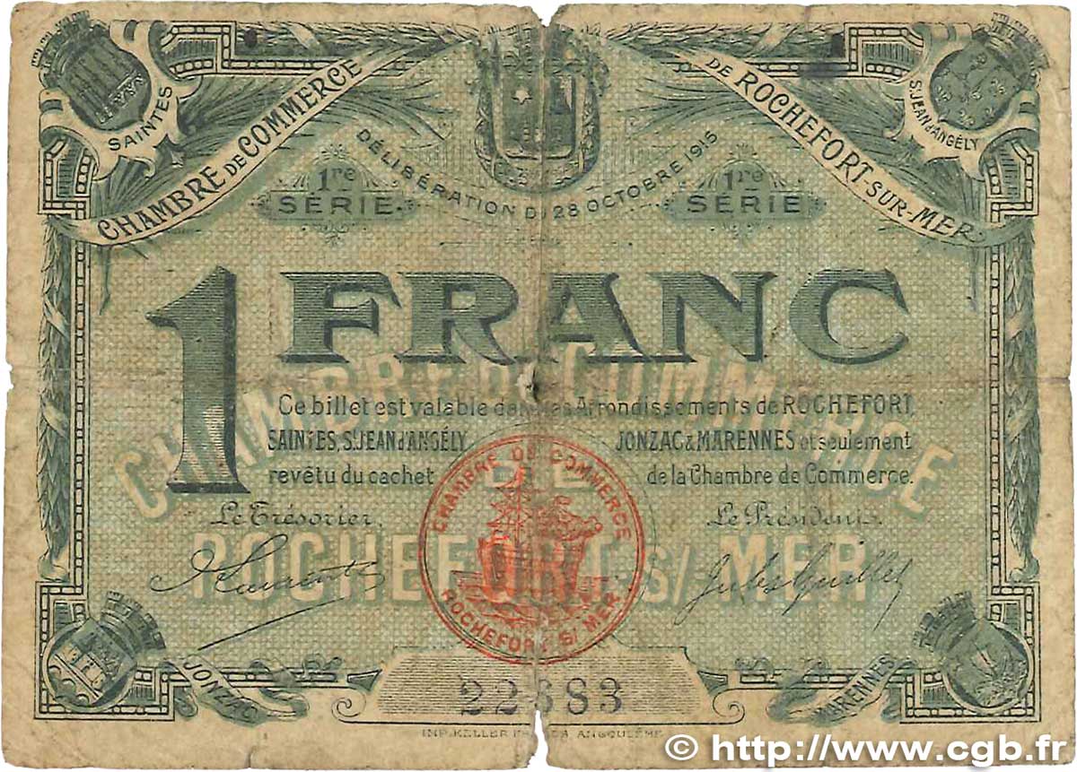1 Franc FRANCE regionalism and various Rochefort-Sur-Mer 1915 JP.107.04 P