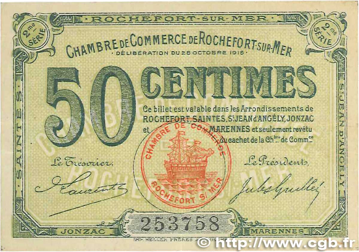 50 Centimes FRANCE regionalism and various Rochefort-Sur-Mer 1915 JP.107.07 VF