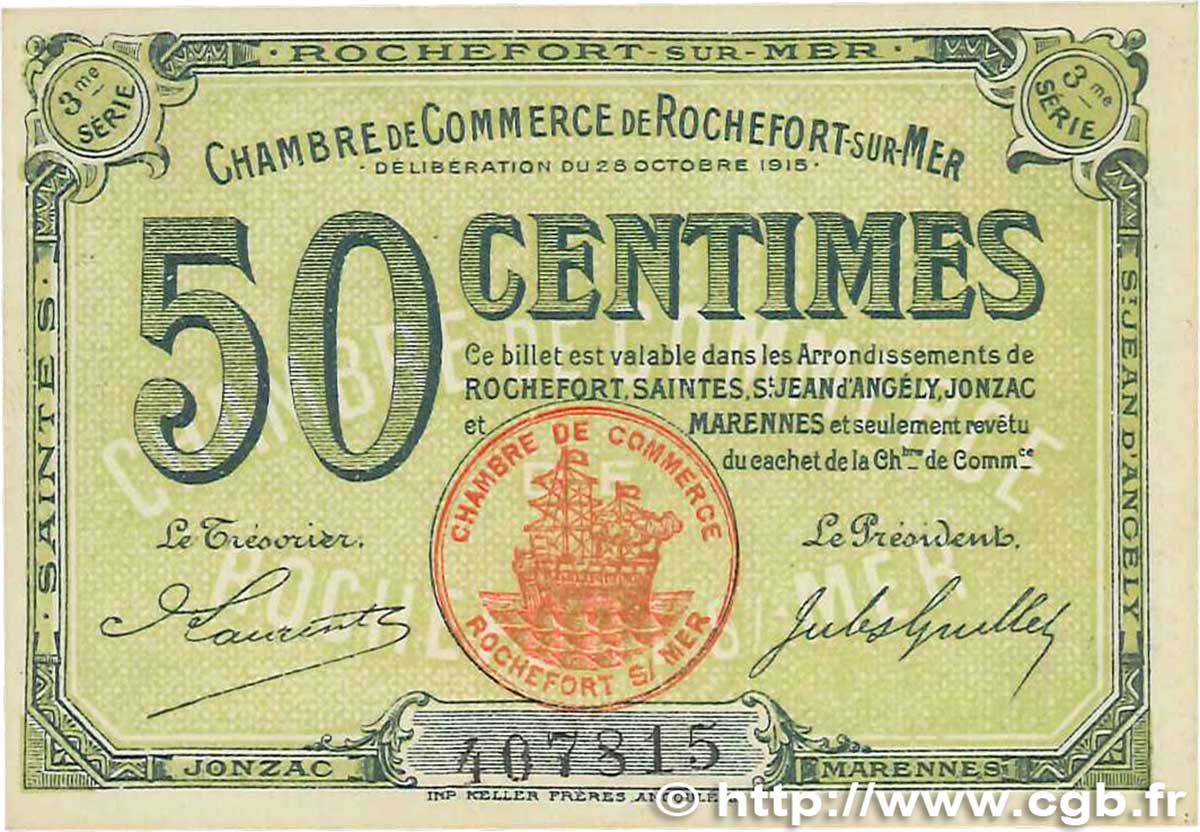50 Centimes FRANCE Regionalismus und verschiedenen Rochefort-Sur-Mer 1915 JP.107.11 VZ