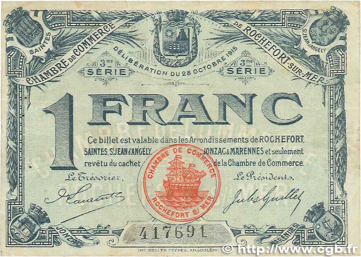 1 Franc FRANCE Regionalismus und verschiedenen Rochefort-Sur-Mer 1915 JP.107.13 S