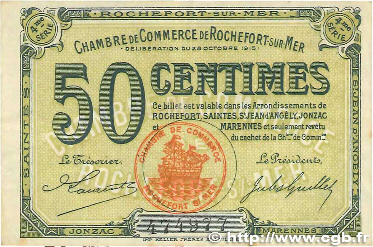 50 Centimes FRANCE Regionalismus und verschiedenen Rochefort-Sur-Mer 1915 JP.107.15 SS