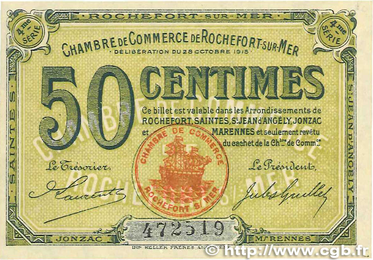 50 Centimes FRANCE regionalism and miscellaneous Rochefort-Sur-Mer 1915 JP.107.15 VF+