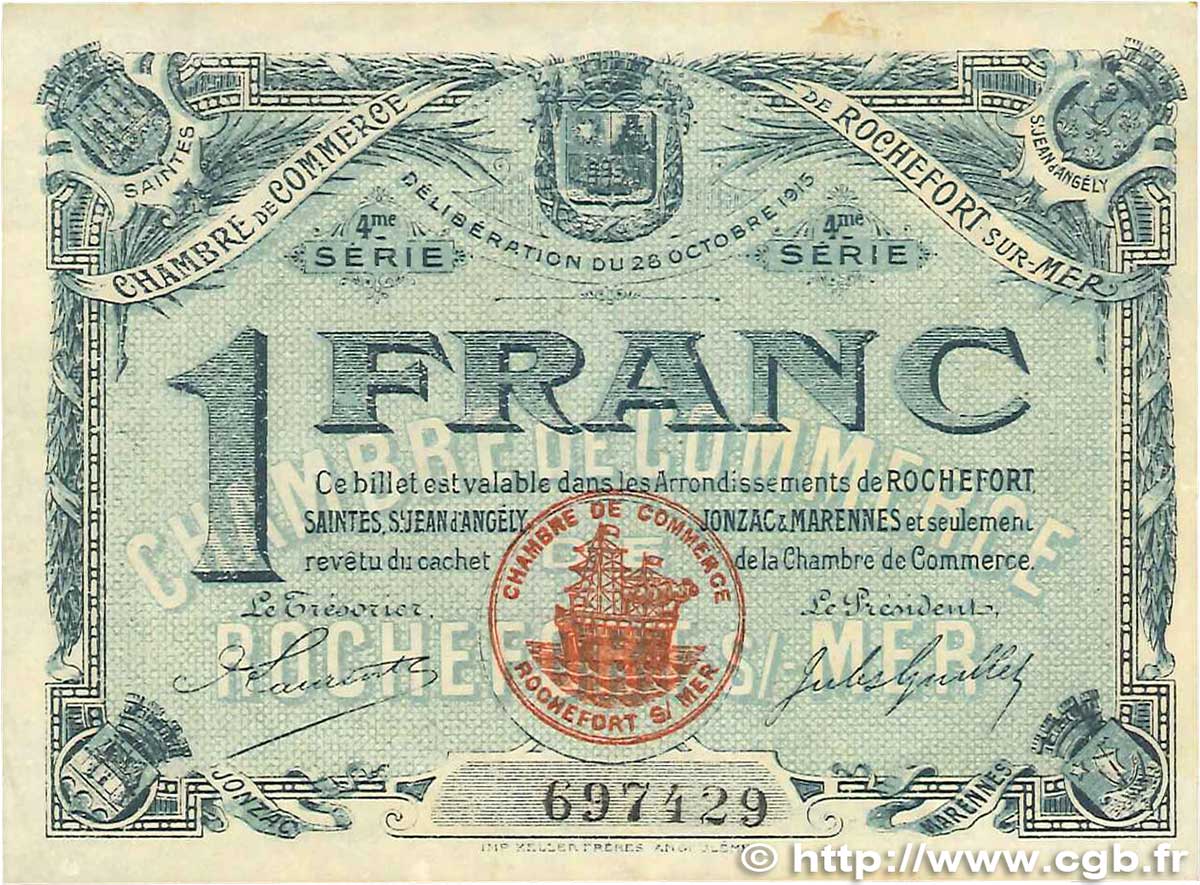 1 Franc FRANCE Regionalismus und verschiedenen Rochefort-Sur-Mer 1915 JP.107.16 S