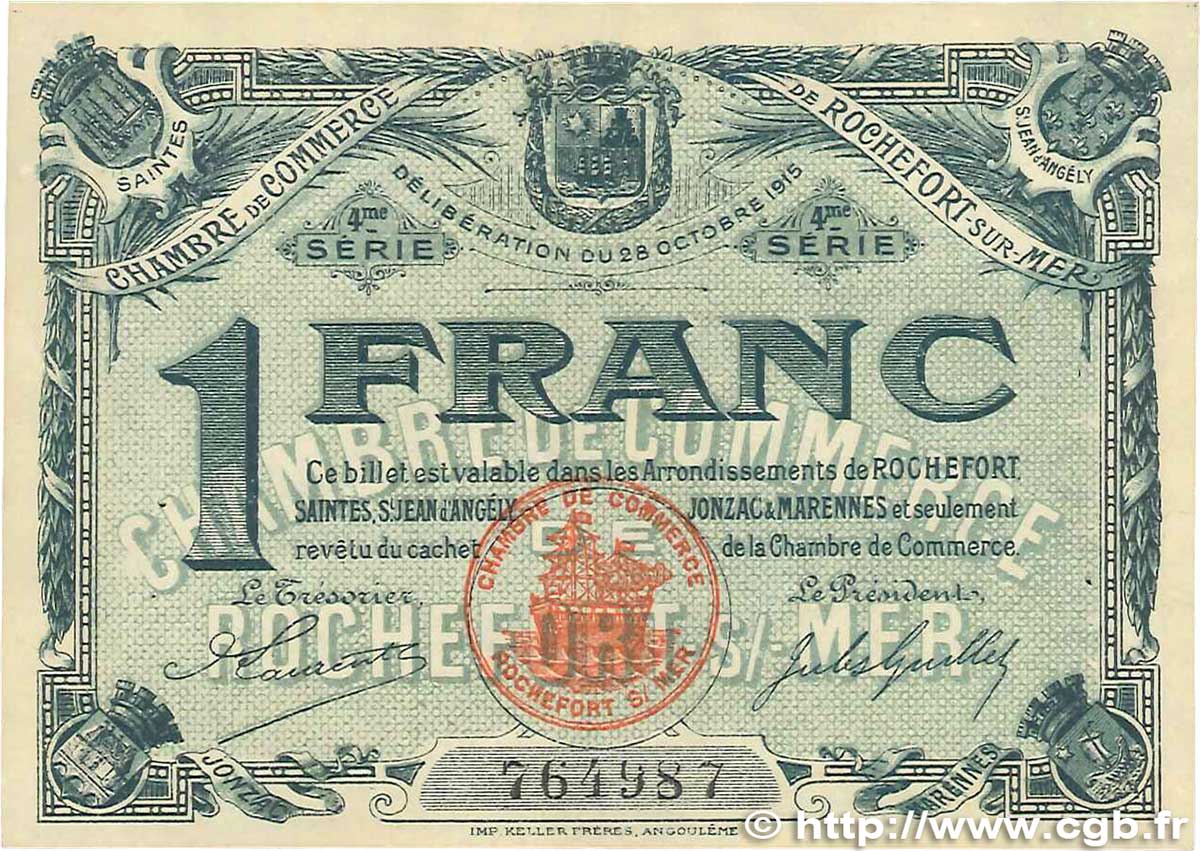 1 Franc FRANCE regionalism and miscellaneous Rochefort-Sur-Mer 1915 JP.107.16 VF+
