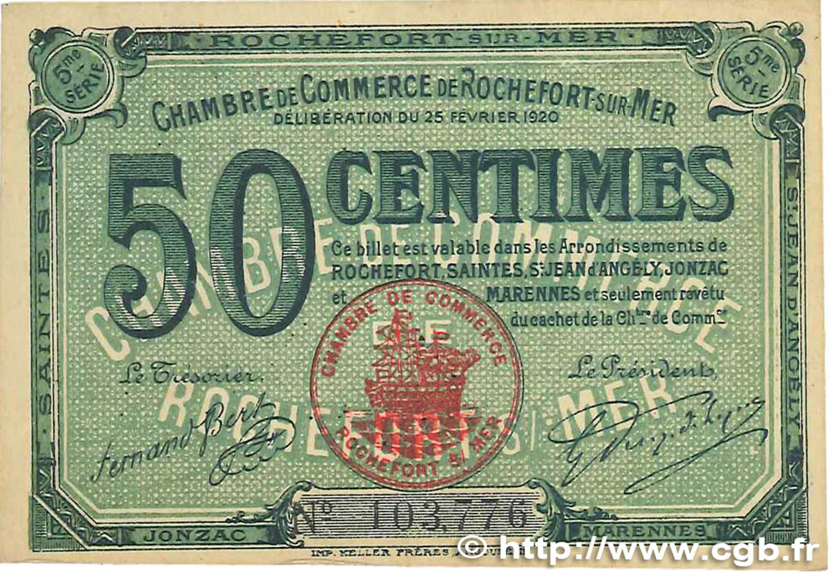 50 Centimes FRANCE regionalismo y varios Rochefort-Sur-Mer 1920 JP.107.17 MBC+
