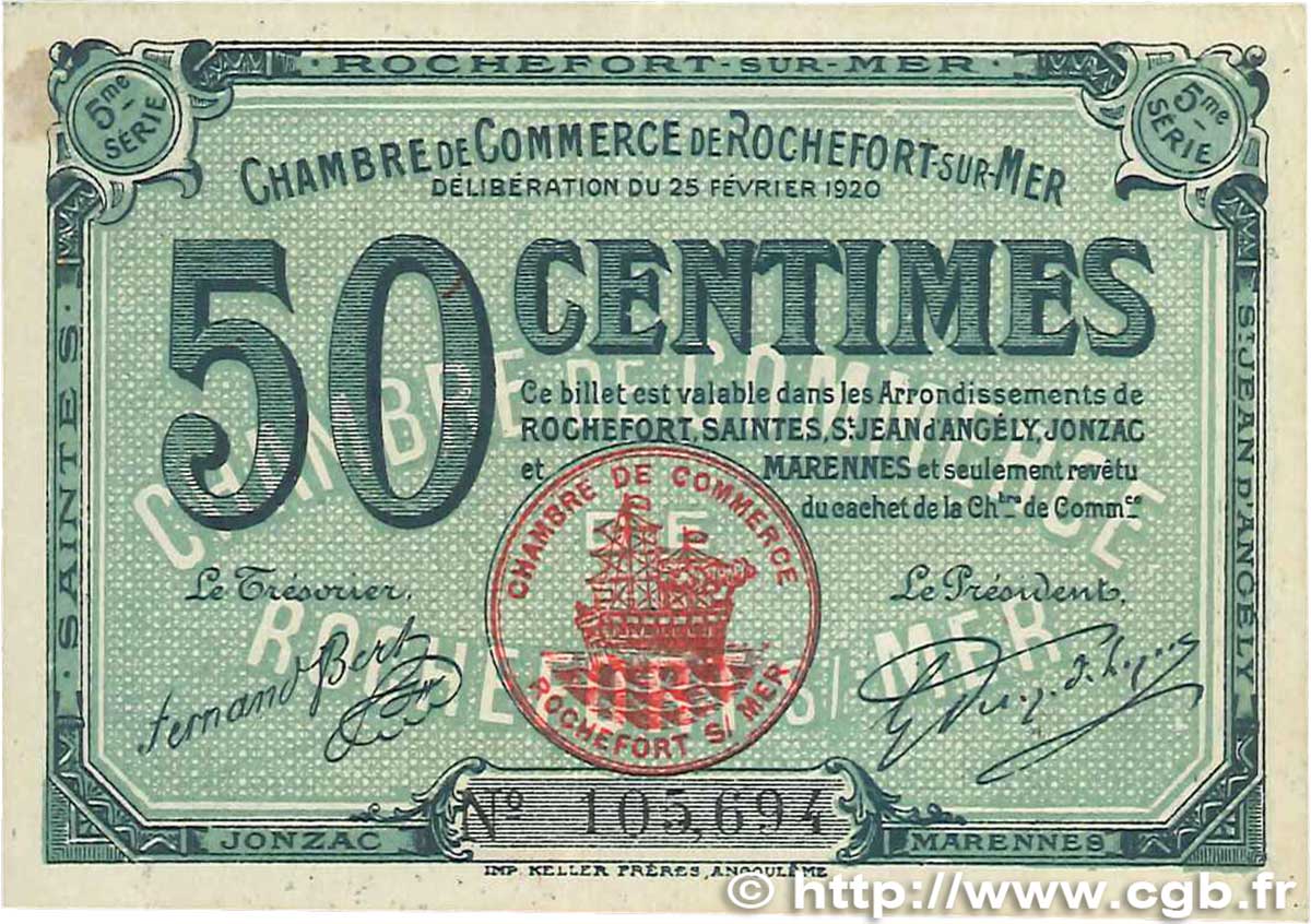 50 Centimes FRANCE Regionalismus und verschiedenen Rochefort-Sur-Mer 1920 JP.107.17 VZ