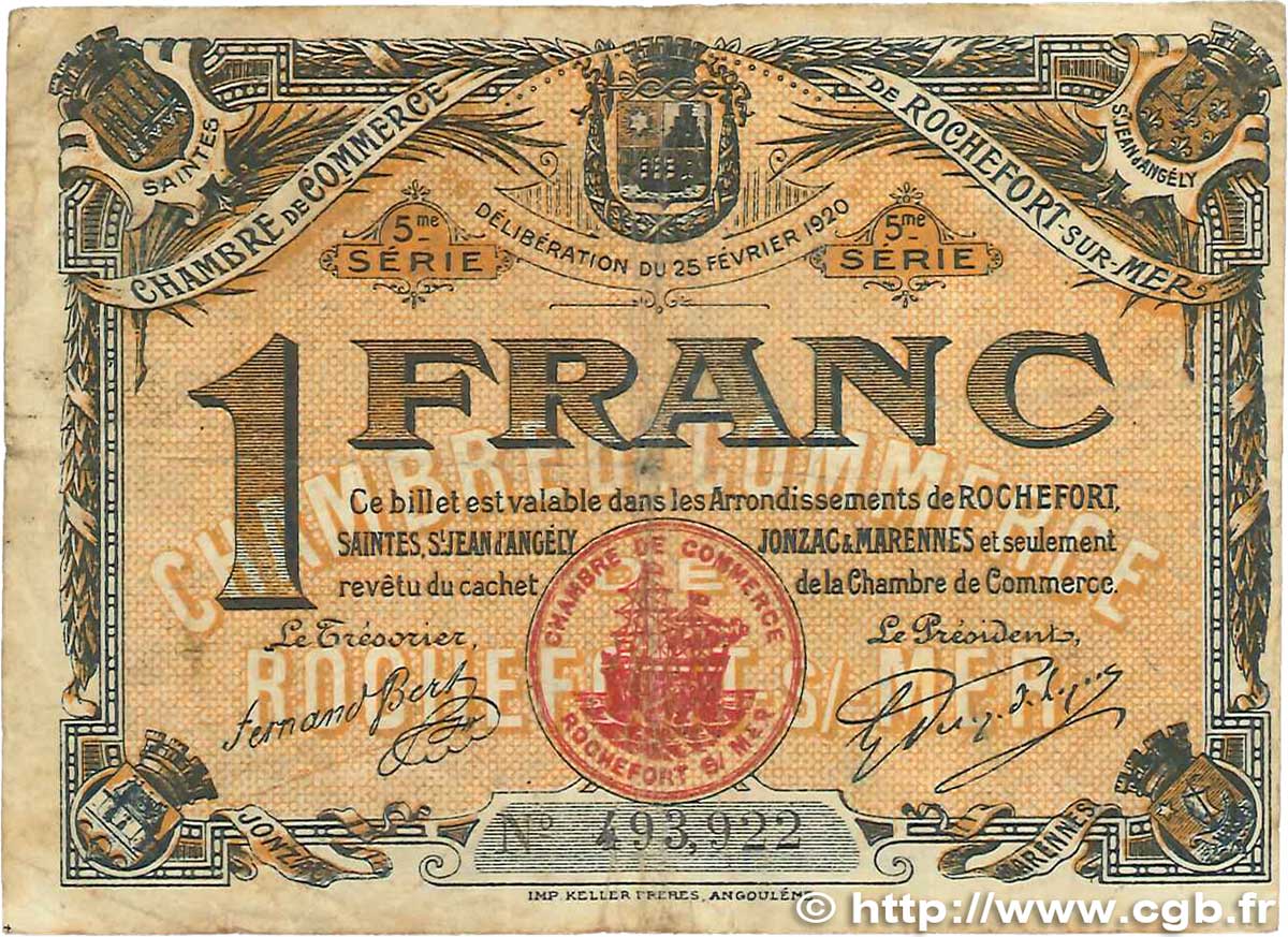 1 Franc FRANCE Regionalismus und verschiedenen Rochefort-Sur-Mer 1920 JP.107.19 SGE