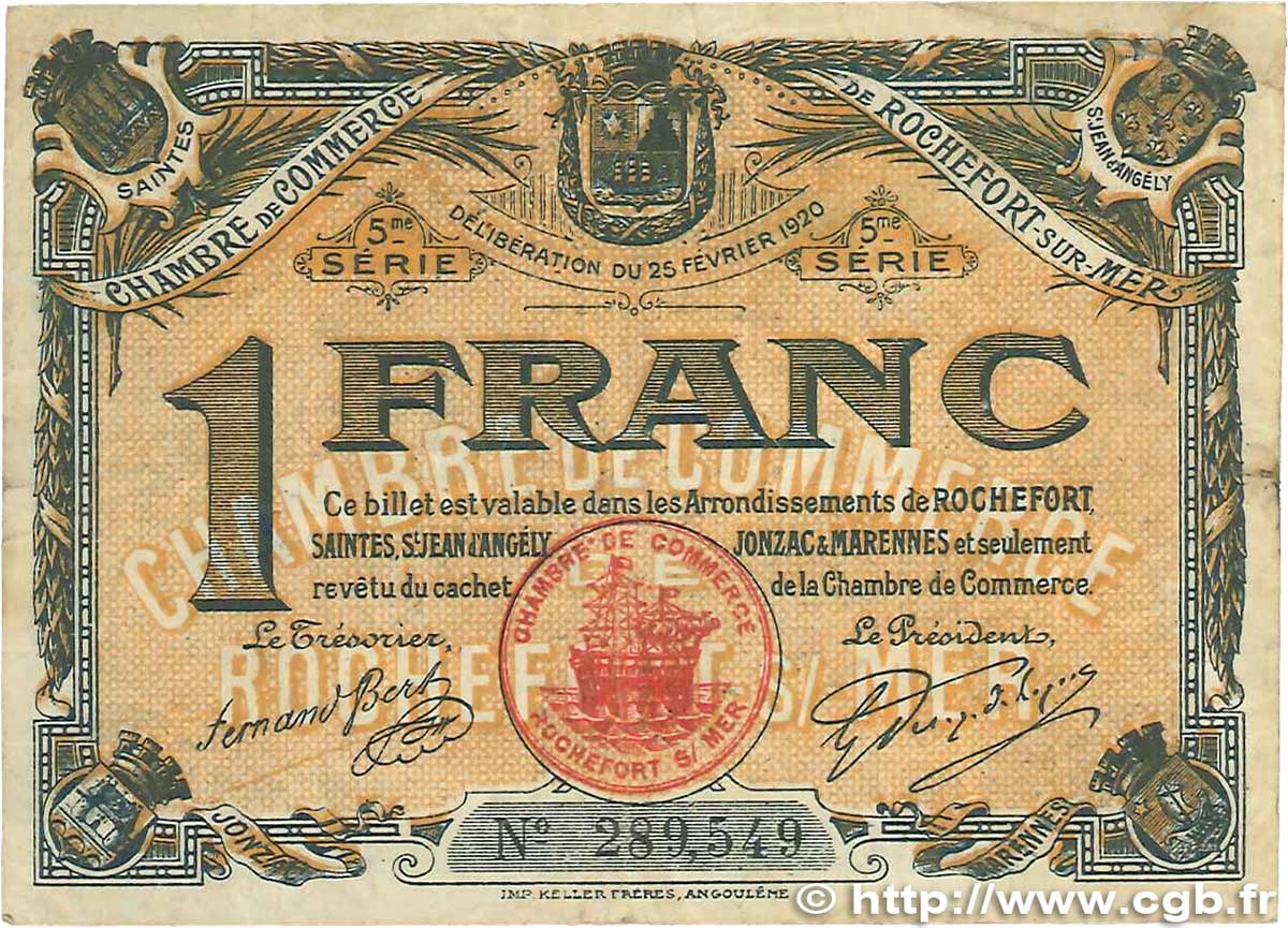 1 Franc FRANCE regionalism and various Rochefort-Sur-Mer 1920 JP.107.19 VG