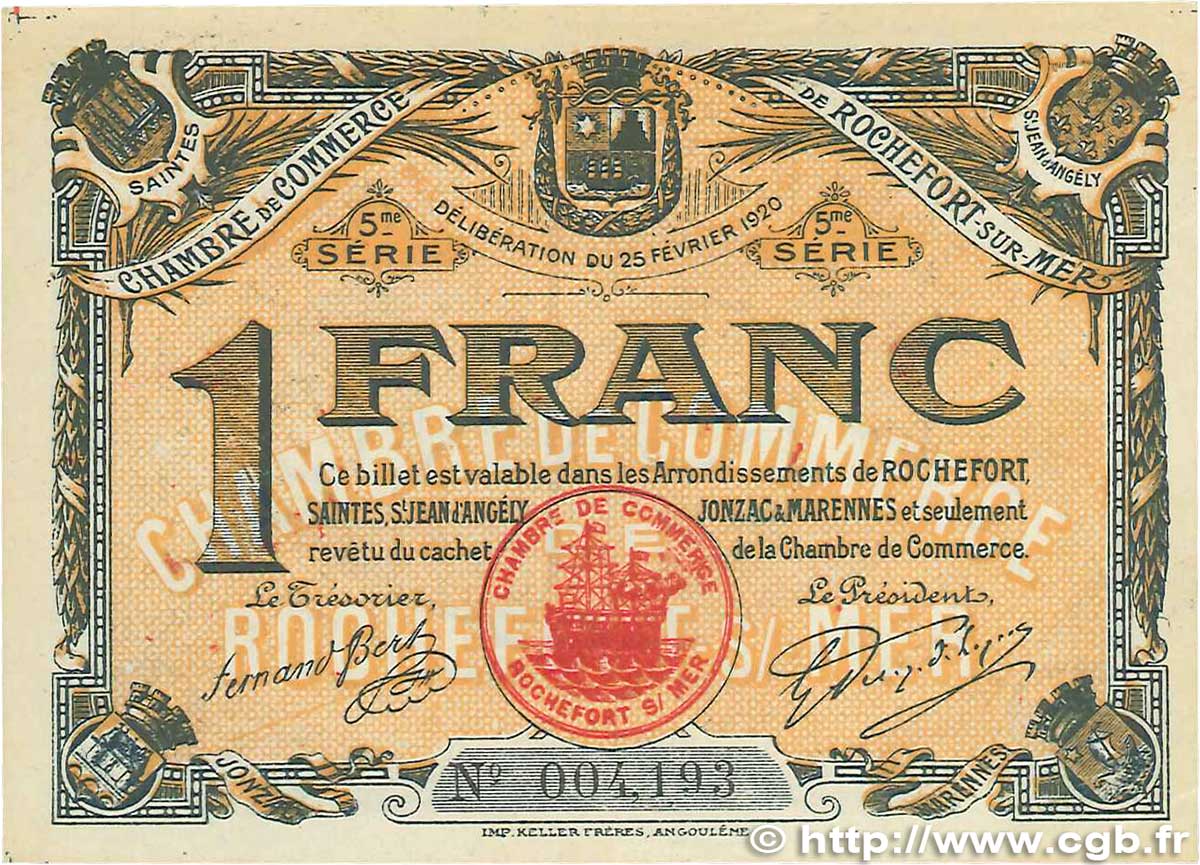 1 Franc FRANCE regionalism and various Rochefort-Sur-Mer 1920 JP.107.19 VF+