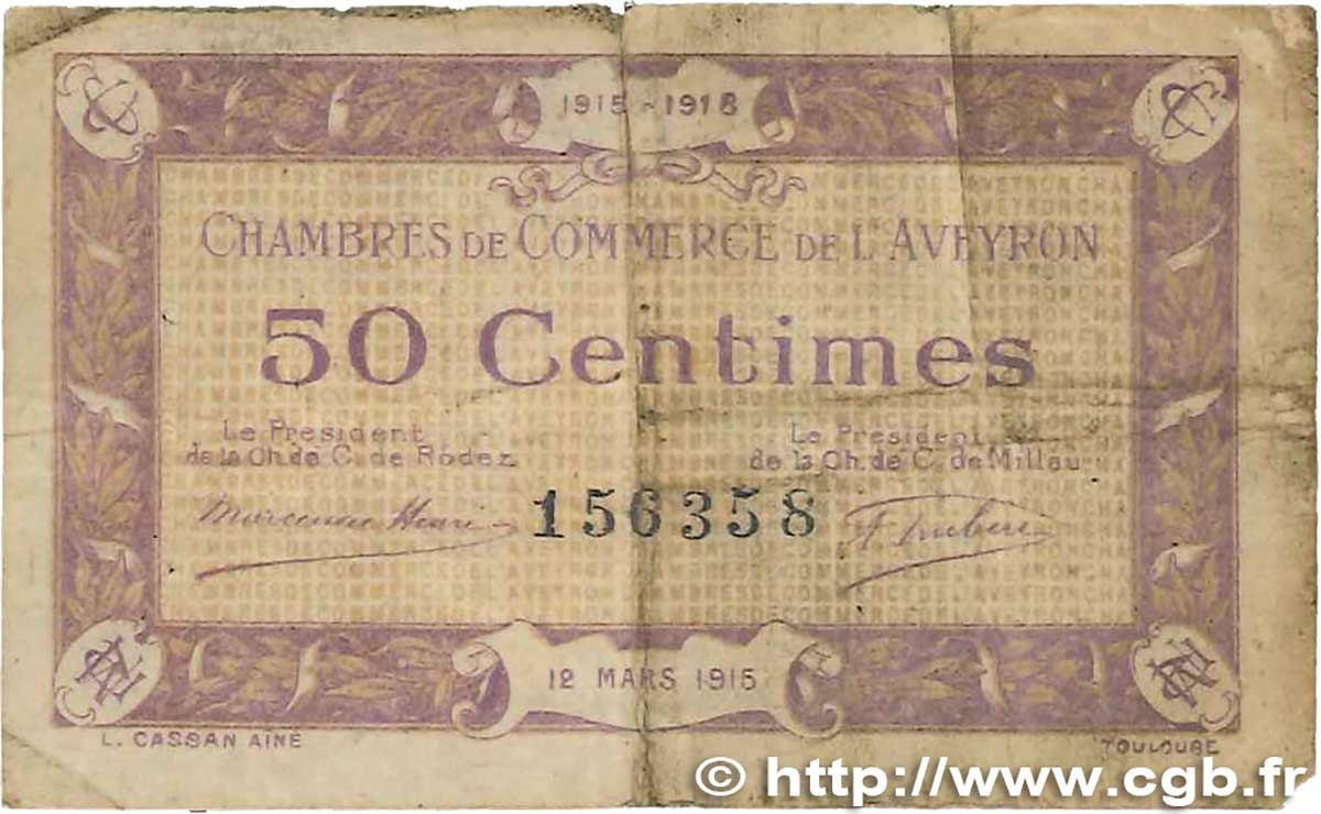 50 Centimes FRANCE regionalism and various Rodez et Millau 1915 JP.108.01 G