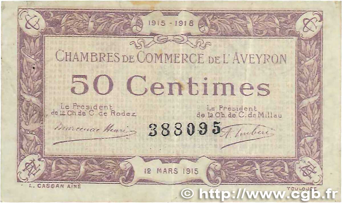 50 Centimes FRANCE regionalismo e varie Rodez et Millau 1915 JP.108.01 MB