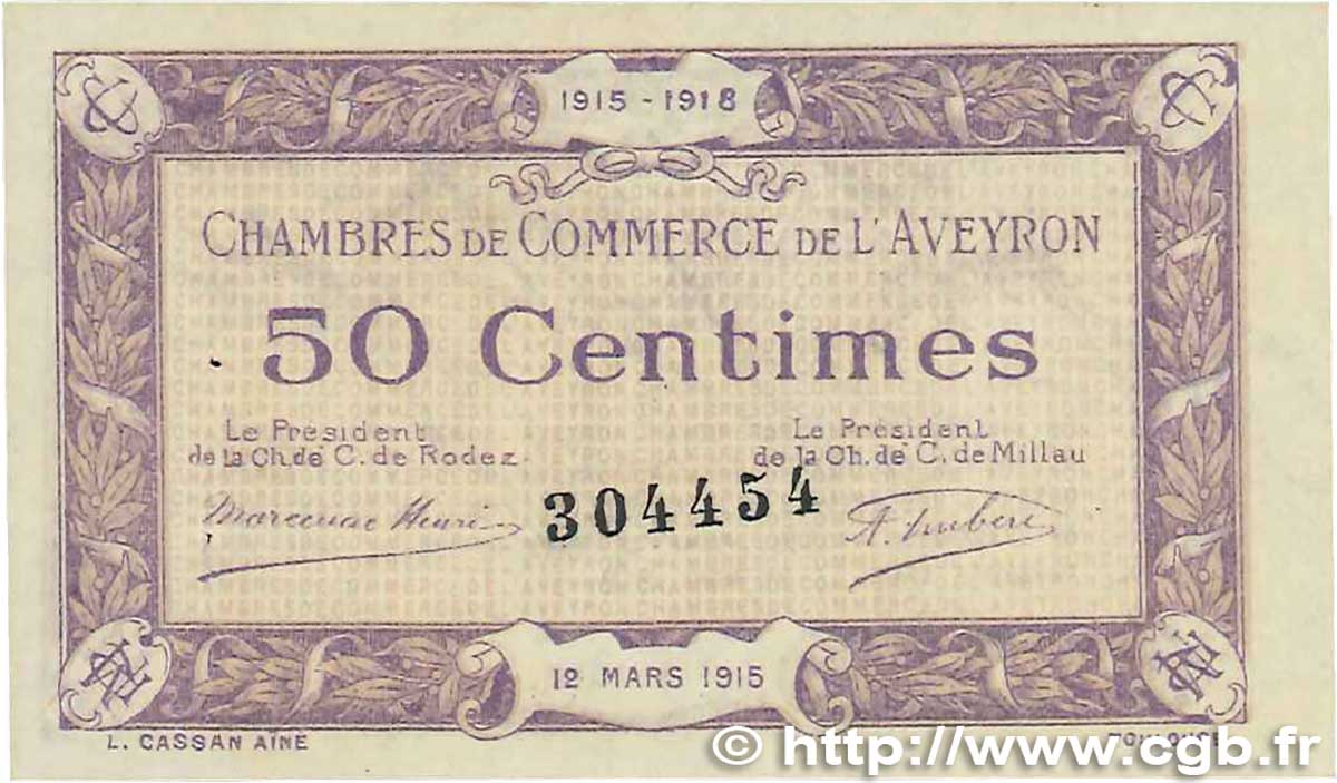 50 Centimes FRANCE regionalism and various Rodez et Millau 1915 JP.108.01 VF+