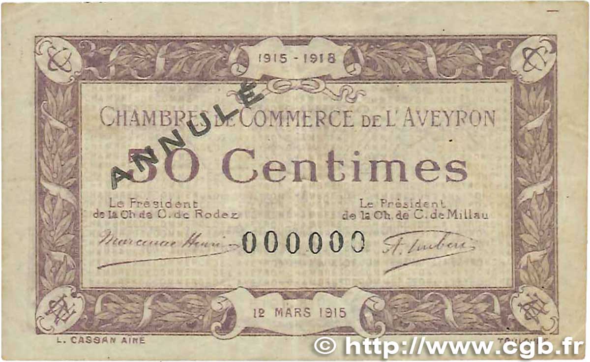 50 Centimes Annulé FRANCE regionalism and various Rodez et Millau 1915 JP.108.03 F