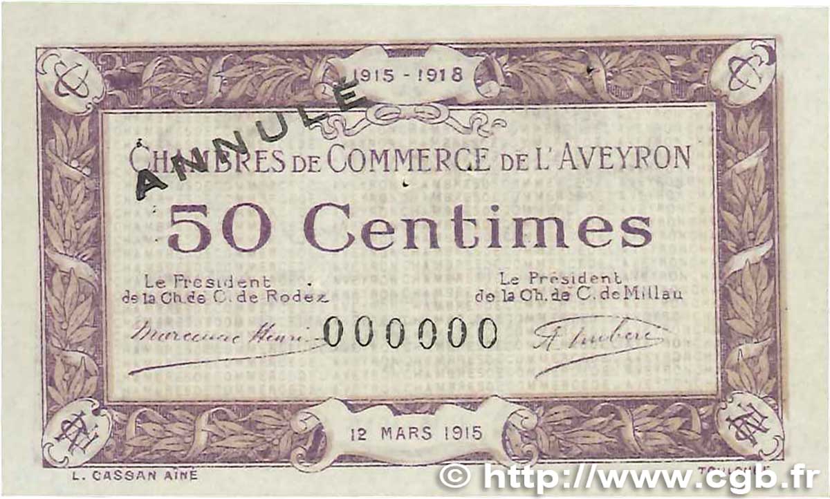 50 Centimes Annulé FRANCE regionalismo e varie Rodez et Millau 1915 JP.108.03 SPL