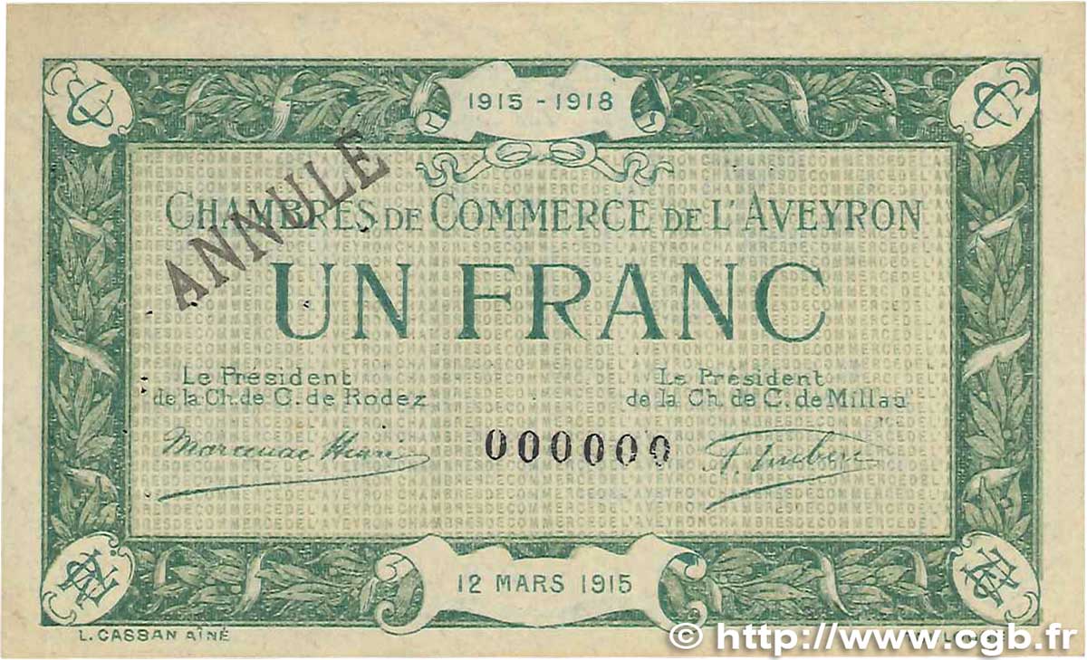 1 Franc Annulé FRANCE Regionalismus und verschiedenen Rodez et Millau 1915 JP.108.07 SS