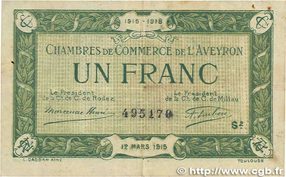 1 Franc FRANCE regionalism and various Rodez et Millau 1915 JP.108.09 F