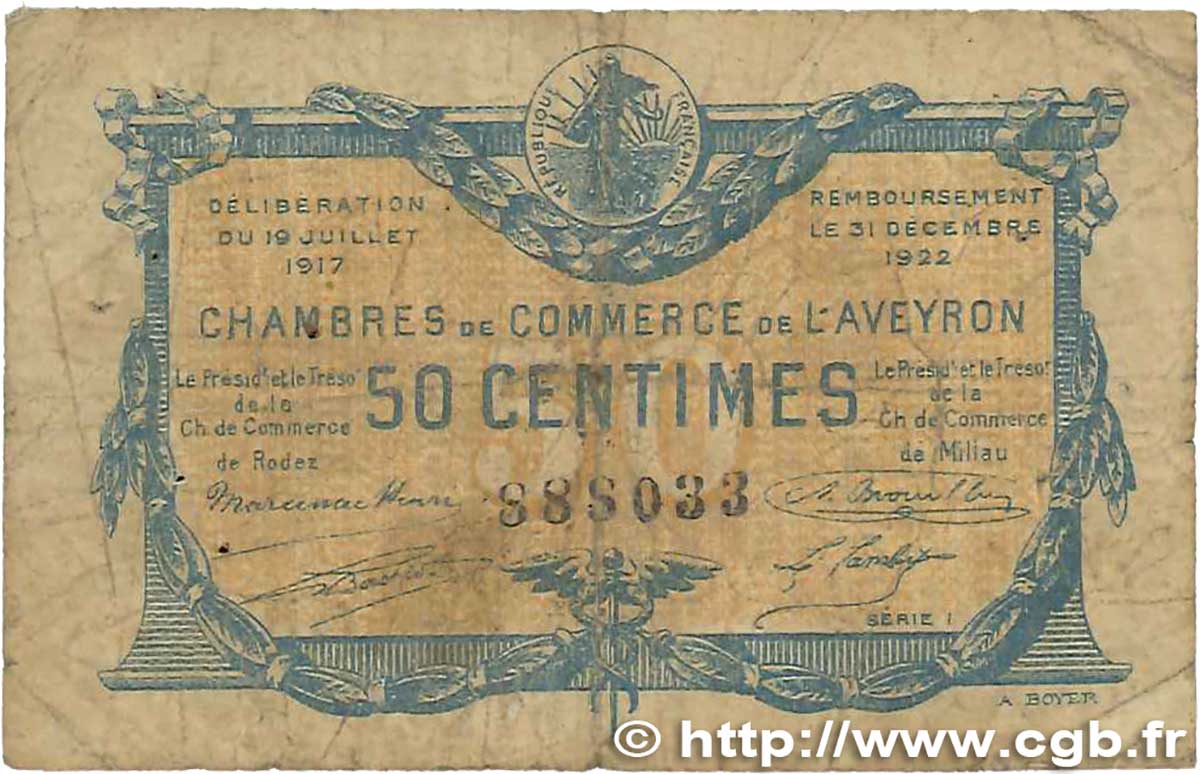 50 Centimes FRANCE regionalismo y varios Rodez et Millau 1917 JP.108.11 RC