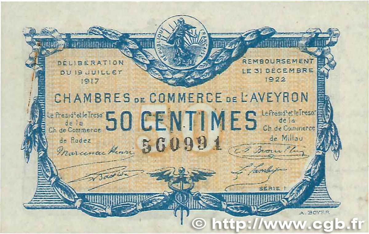 50 Centimes FRANCE regionalism and various Rodez et Millau 1917 JP.108.11 VF