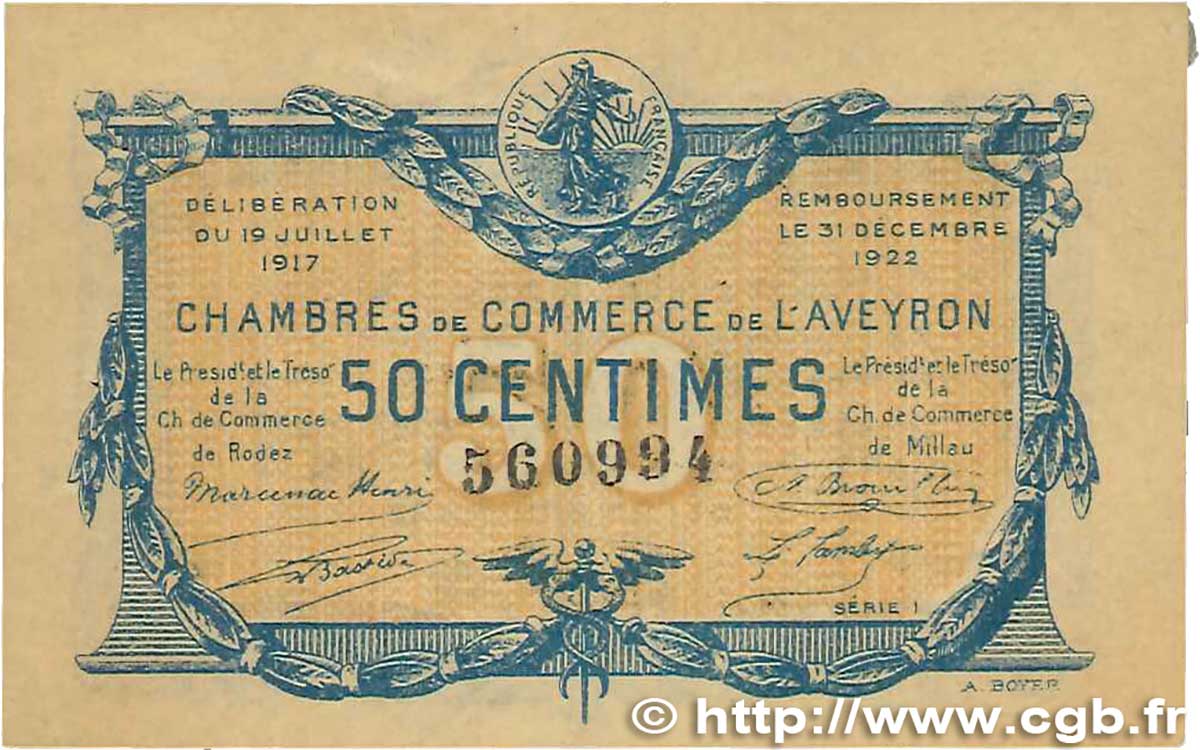 50 Centimes FRANCE regionalismo y varios Rodez et Millau 1917 JP.108.11 MBC