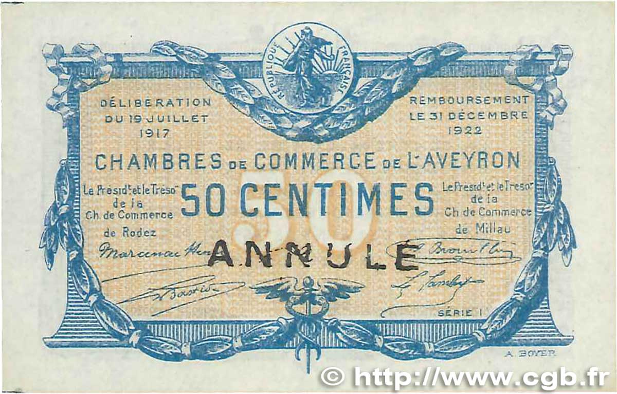 50 Centimes Annulé FRANCE régionalisme et divers Rodez et Millau 1917 JP.108.12 SUP+