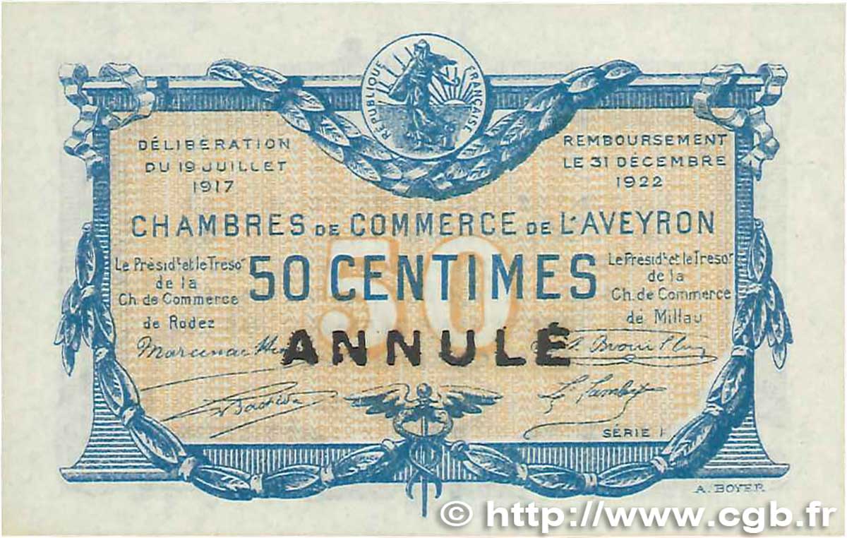 50 Centimes Annulé FRANCE regionalismo y varios Rodez et Millau 1917 JP.108.12 SC+