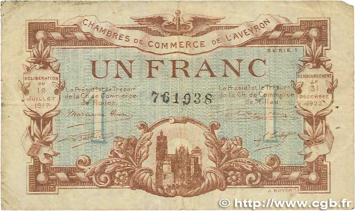 1 Franc FRANCE regionalismo e varie Rodez et Millau 1917 JP.108.14 B