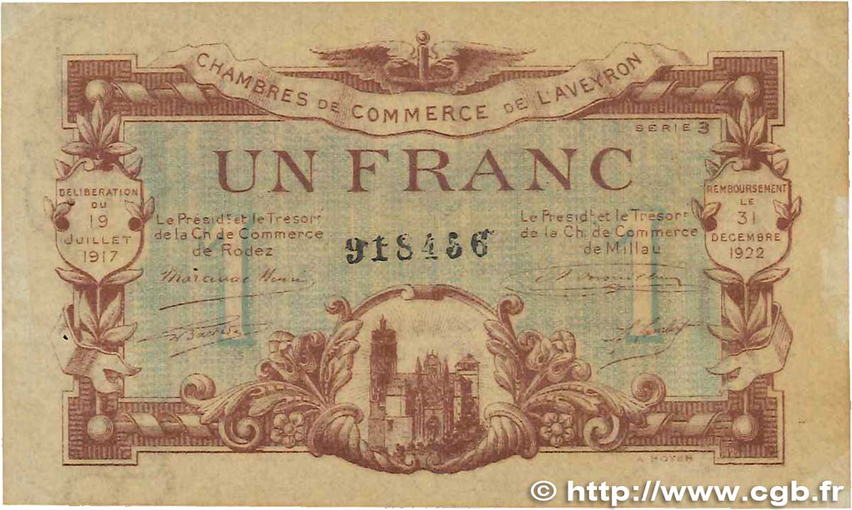 1 Franc FRANCE regionalism and miscellaneous Rodez et Millau 1917 JP.108.14 F