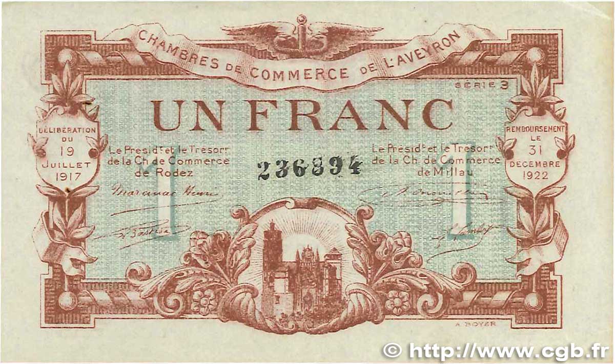1 Franc FRANCE regionalismo y varios Rodez et Millau 1917 JP.108.14 MBC
