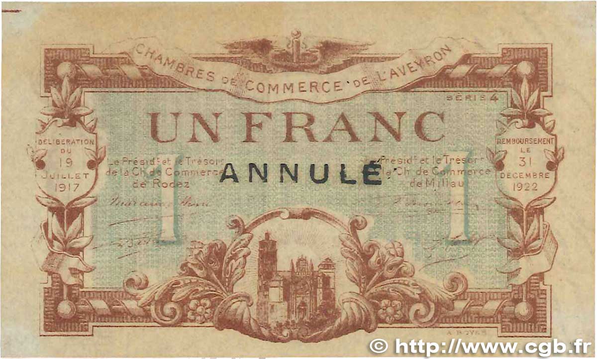 1 Franc Annulé FRANCE regionalismo y varios Rodez et Millau 1917 JP.108.15 BC+