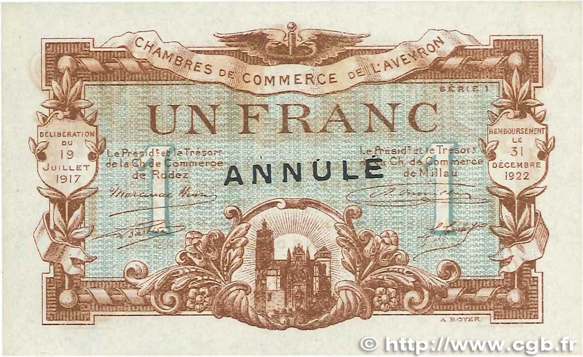 1 Franc Annulé FRANCE Regionalismus und verschiedenen Rodez et Millau 1917 JP.108.15 VZ+