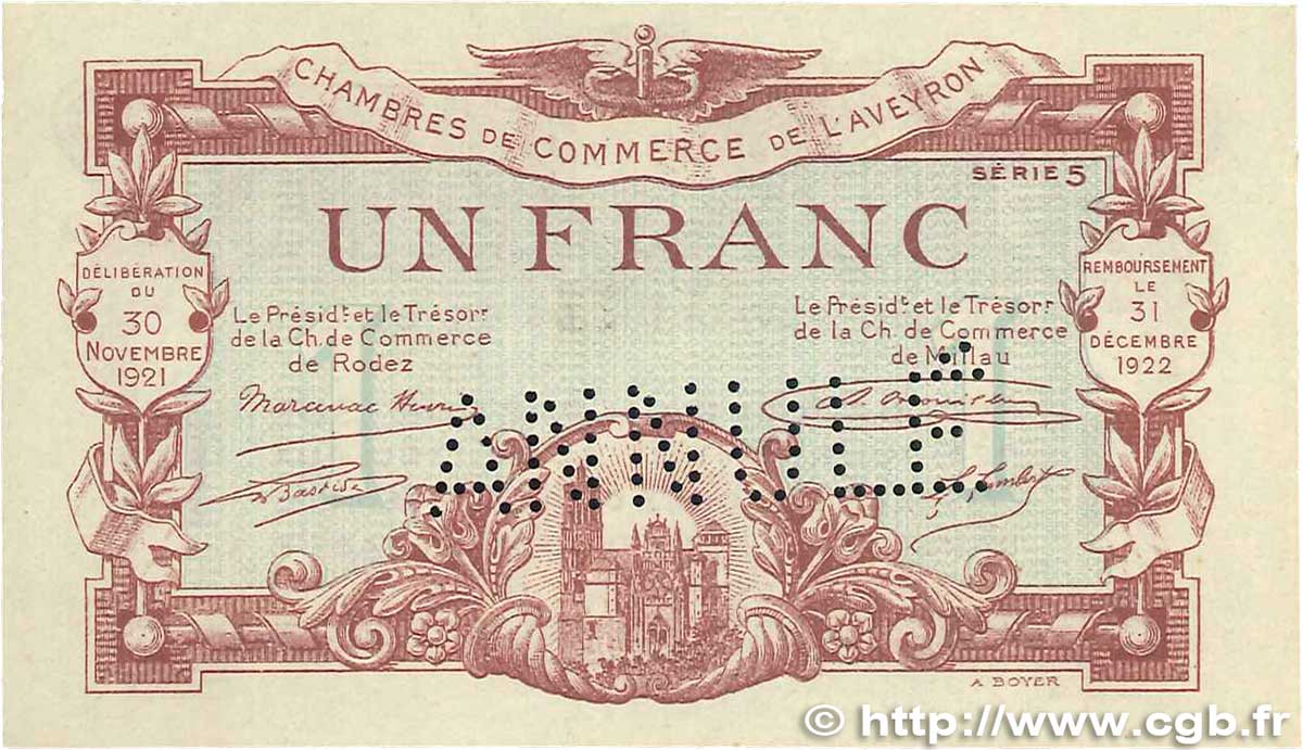 1 Franc Annulé FRANCE regionalism and various Rodez et Millau 1921 JP.108.19 XF