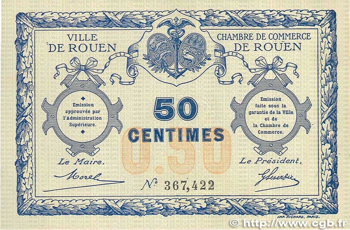 50 Centimes FRANCE Regionalismus und verschiedenen Rouen 1920 JP.110.01 VZ