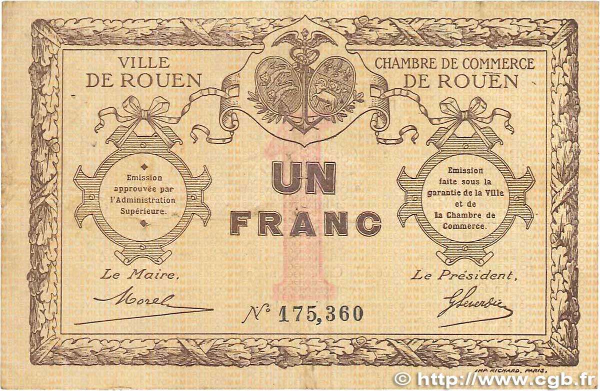 1 Franc FRANCE regionalismo y varios Rouen 1920 JP.110.03 BC