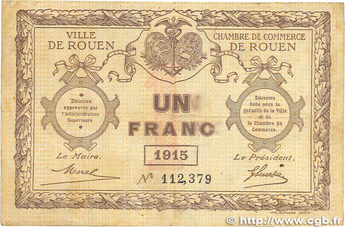 1 Franc FRANCE regionalismo y varios Rouen 1915 JP.110.10 RC