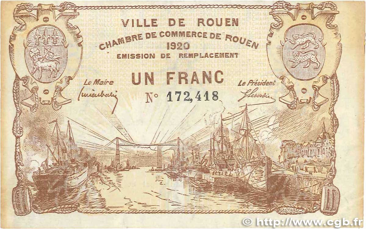 1 Franc FRANCE regionalismo y varios Rouen 1920 JP.110.50 MBC